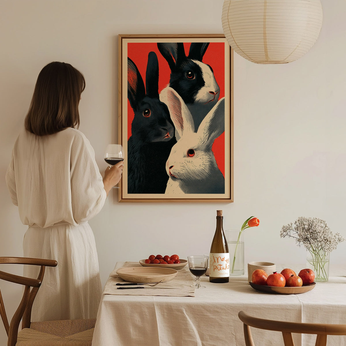 Tuxedo Rabbits Yellow Poster | Mustard and Black Screen Print Art Print | Animal Advocacy Wall Art — styled in an interior