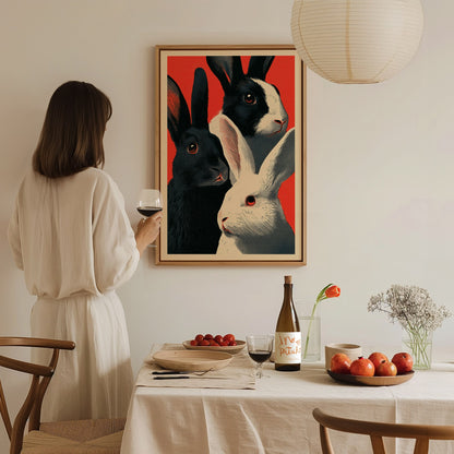 Tuxedo Rabbits Yellow Poster | Mustard and Black Screen Print Art Print | Animal Advocacy Wall Art — styled in an interior