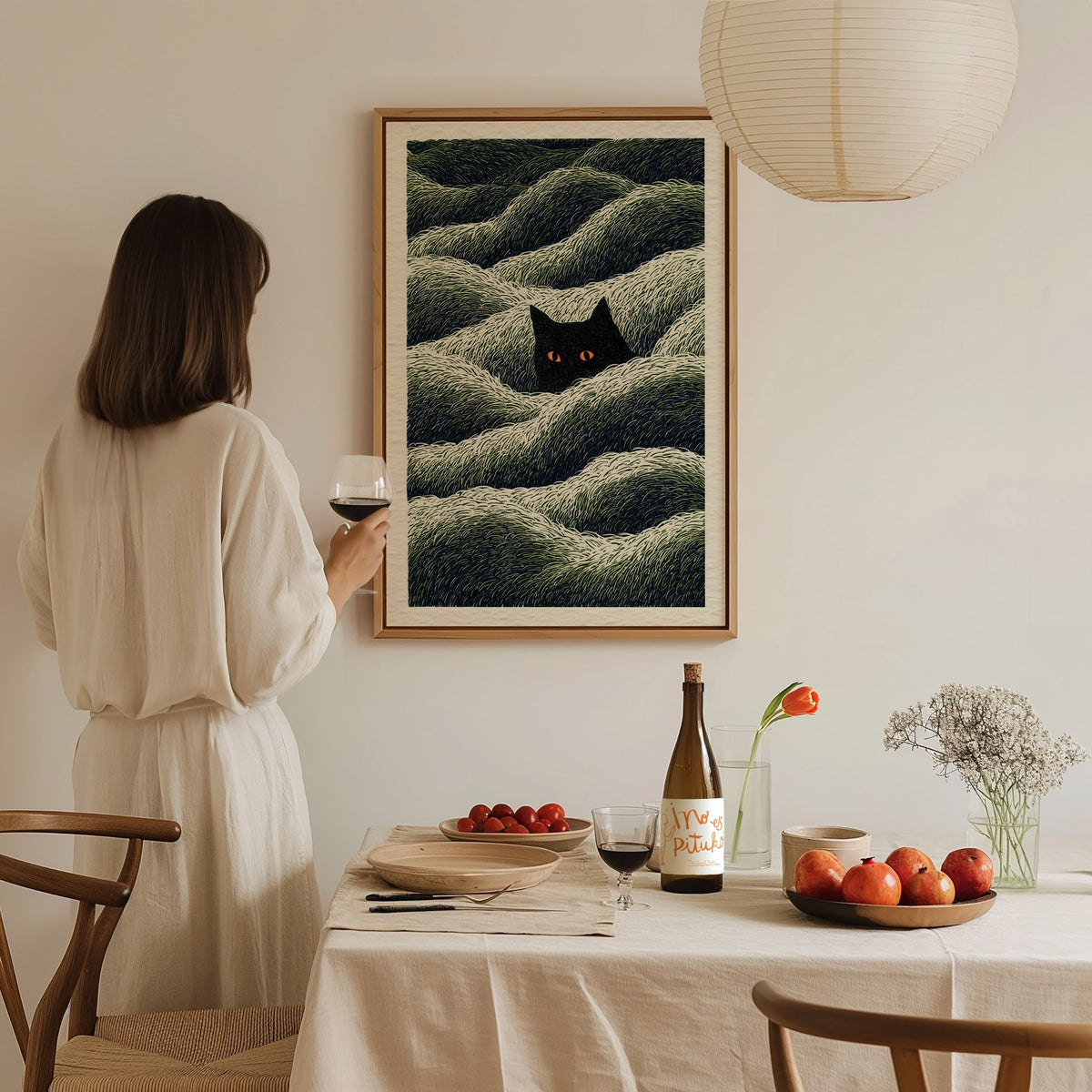 Cat Lurks Deep Poster | Green and Black Pen and Ink Art Print | Dark Fantasy Wall Art — styled in an interior