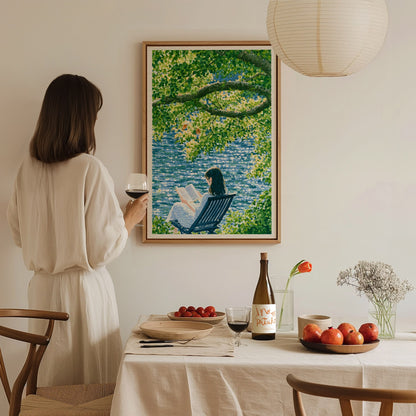Reader by Water Poster | Blue and Yellow-Green Japanese Watercolor Art Print | Contemplative Readers Wall Art — styled in an