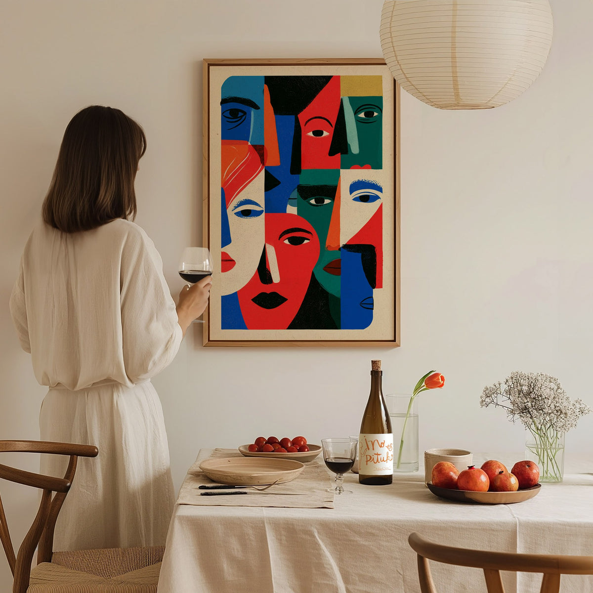 Crowd Wears Faces Poster | Multicolor Illustrative Art Print | Kids Room Wall Art — styled in an interior