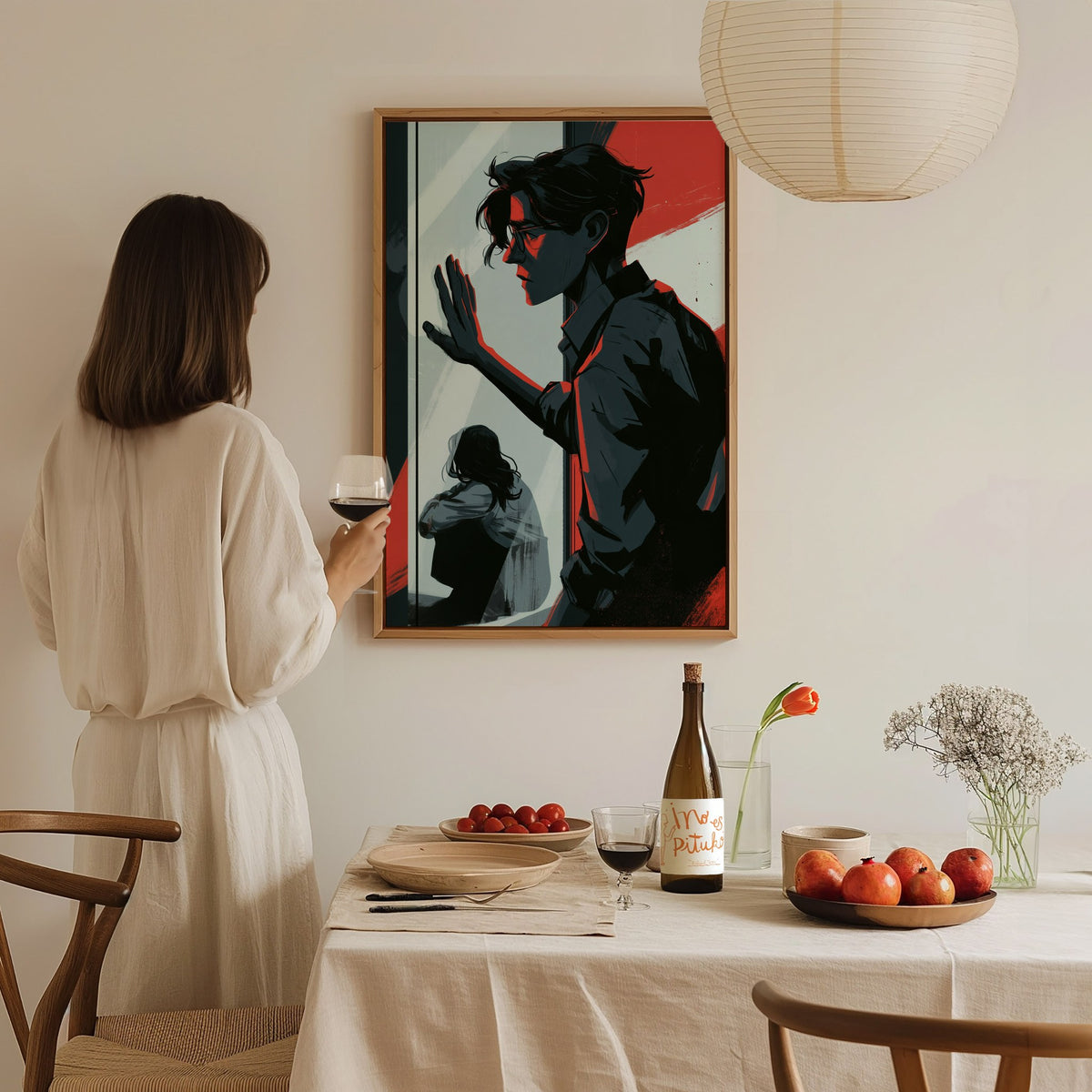 glass-divide Poster | Amber and Teal Illustrative Art Print | Dark Academia Wall Art — styled in an interior