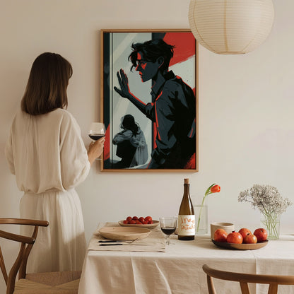 glass-divide Poster | Amber and Teal Illustrative Art Print | Dark Academia Wall Art — styled in an interior