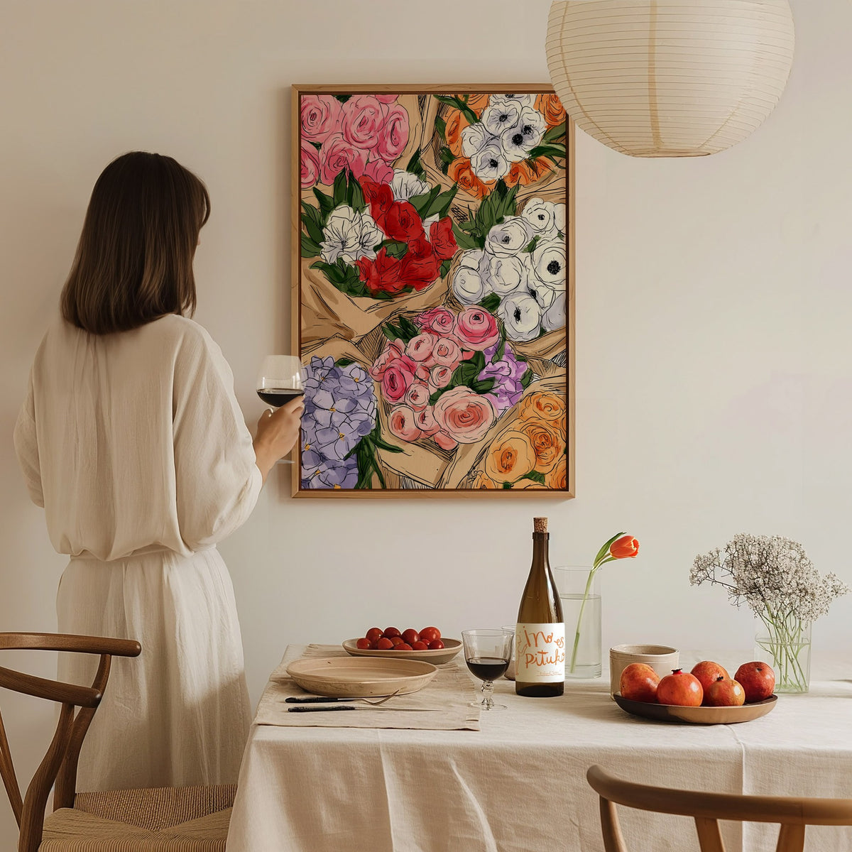 Bouquets at Market Poster | Pink and Lilac Pen and Ink Art Print | Kitchen Wall Art — styled in an interior