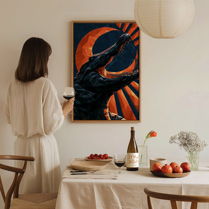 Gator Owns Crescent Poster | Orange and Navy Low Poly Art Print | Dark Fantasy Wall Art — styled in an interior