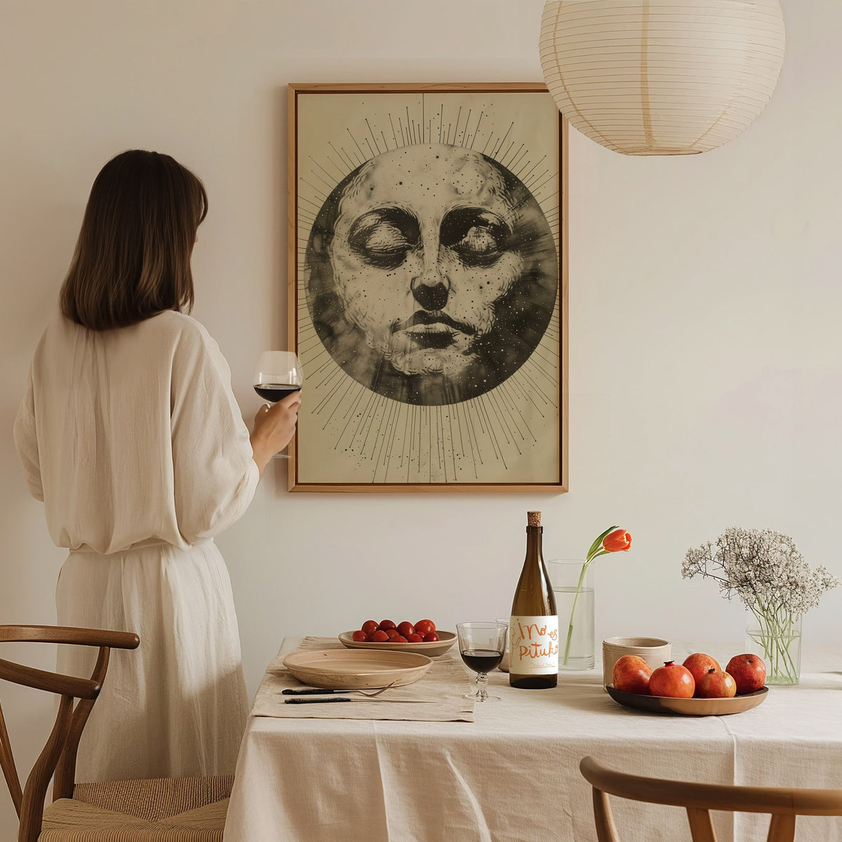 Ink Sun Face Poster | Black and Cream Pen and Ink Art Print | Dark Academia Wall Art — styled in an interior