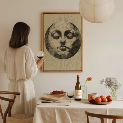 Ink Sun Face Poster | Black and Cream Pen and Ink Art Print | Dark Academia Wall Art — styled in an interior