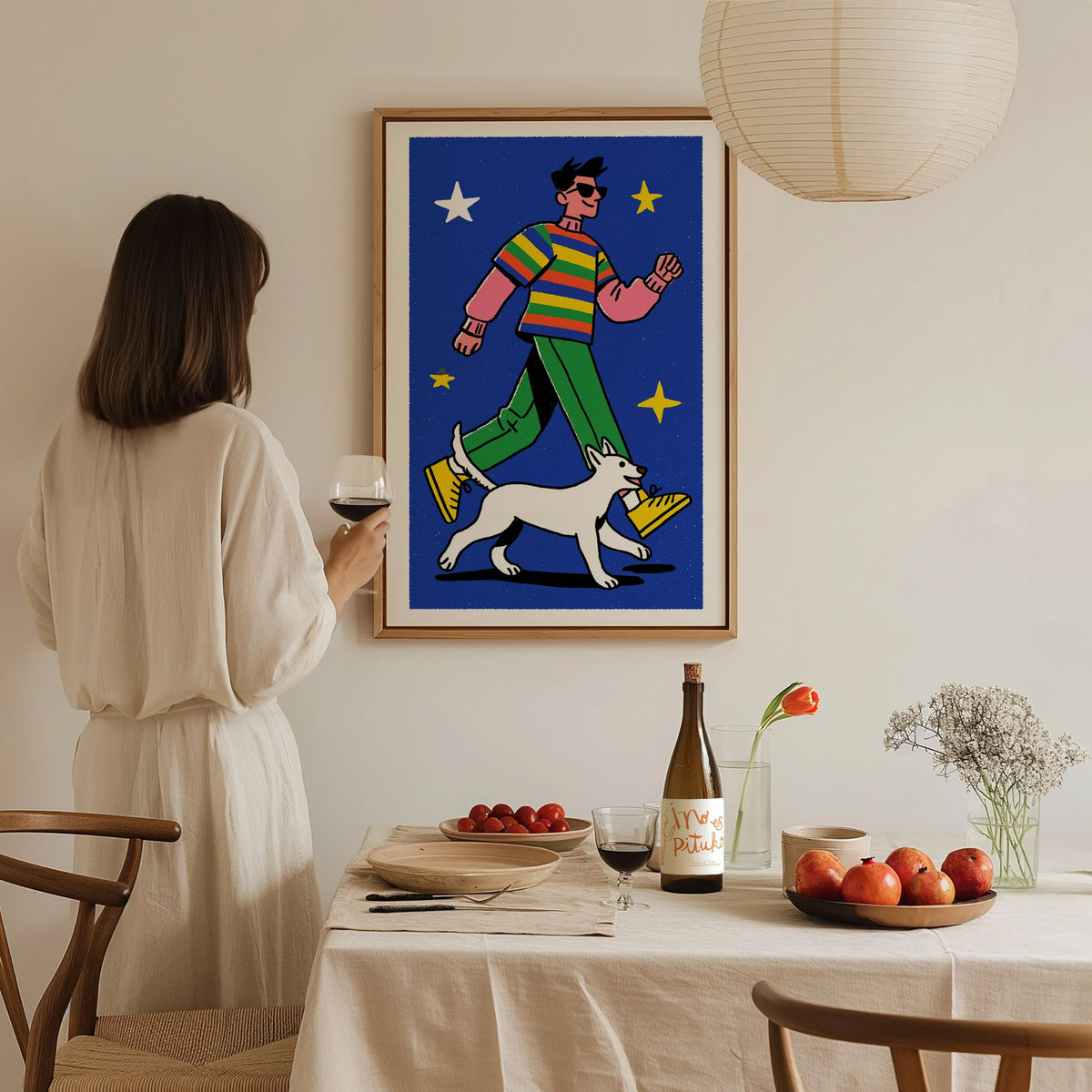 hero-and-cat Poster | Warm Ochre Illustrative Art Print | Kids Room Wall Art — styled in an interior