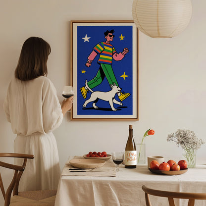 hero-and-cat Poster | Warm Ochre Illustrative Art Print | Kids Room Wall Art — styled in an interior