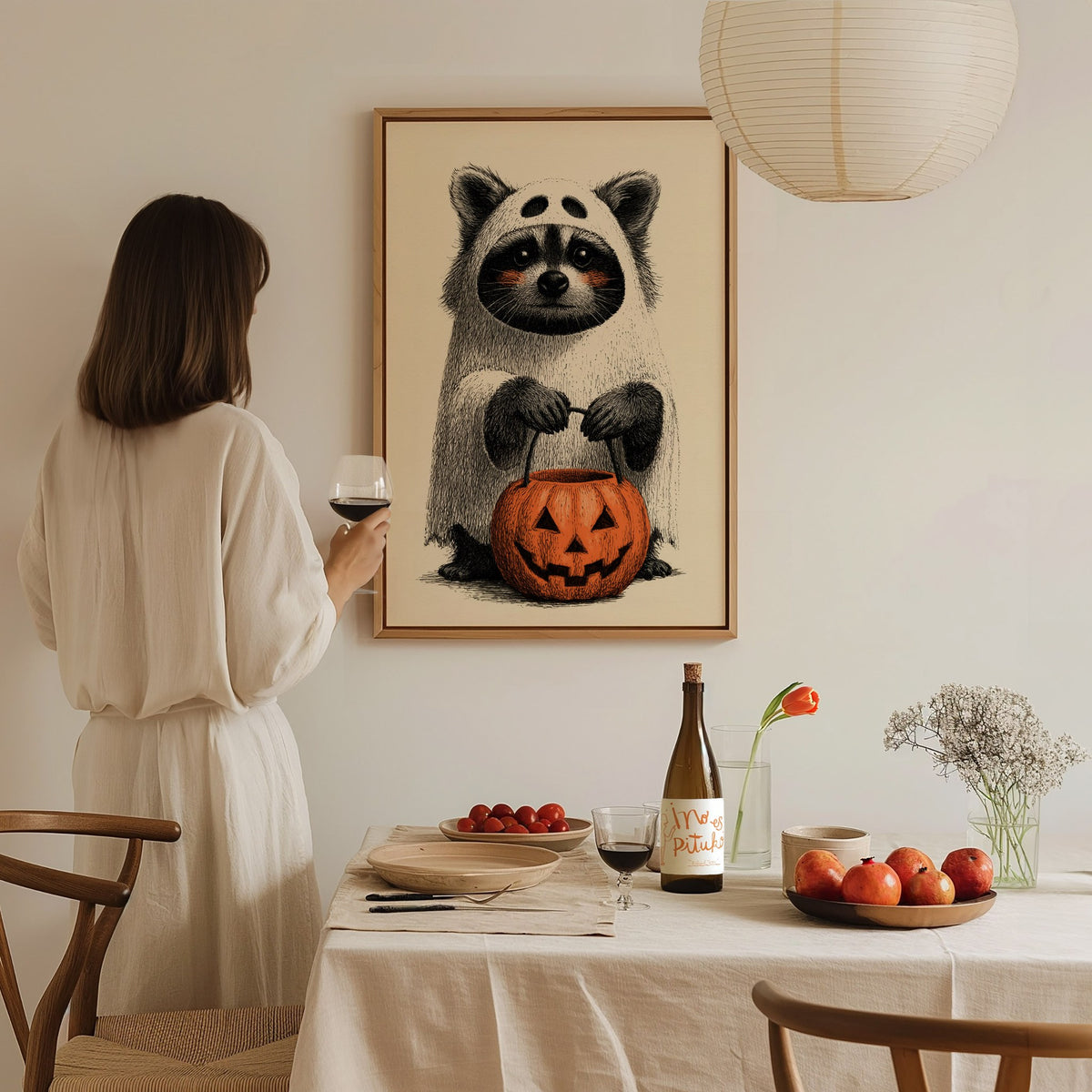 Raccoon Trick-or-treats Poster | Gray and Orange Pen and Ink Art Print | Halloween Wall Art — styled in an interior