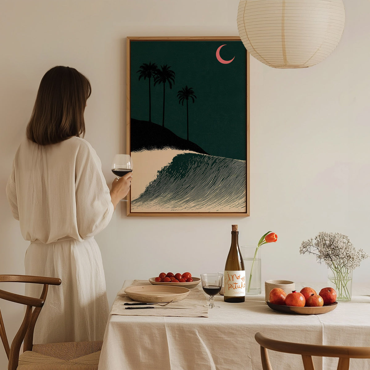 Moon Breaks Wave Poster | Green and Pink Screen Print Art Print | Surf Wall Art — styled in an interior