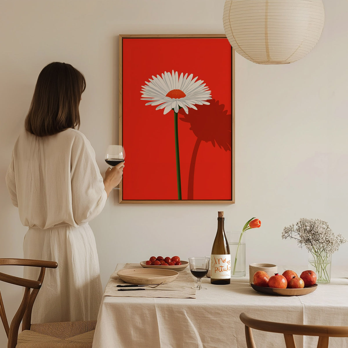 White Daisy on Red Poster | Red and White Flat Design Art Print | Modernist Wall Art — styled in an interior