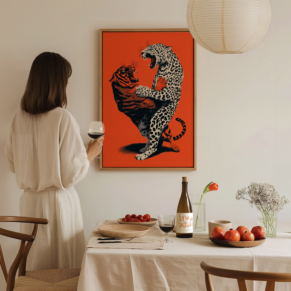 Leopard Battles Tiger Poster | Vermilion and Black Screen Print Art Print | Dark Fantasy Wall Art — styled in an interior