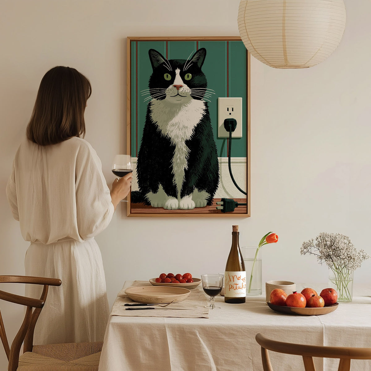 Tuxedo Cat Unplugged Poster | Sage and Cream Illustrative Art Print | Cat Lover Wall Art — styled in an interior