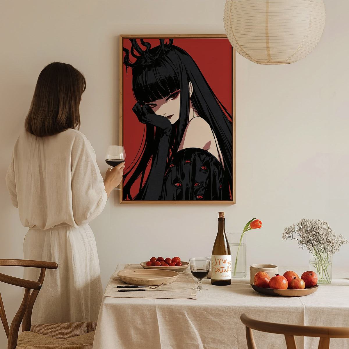 Demon Queen Watches Poster | Red and Black Illustrative Art Print | Dark Fantasy Wall Art — styled in an interior