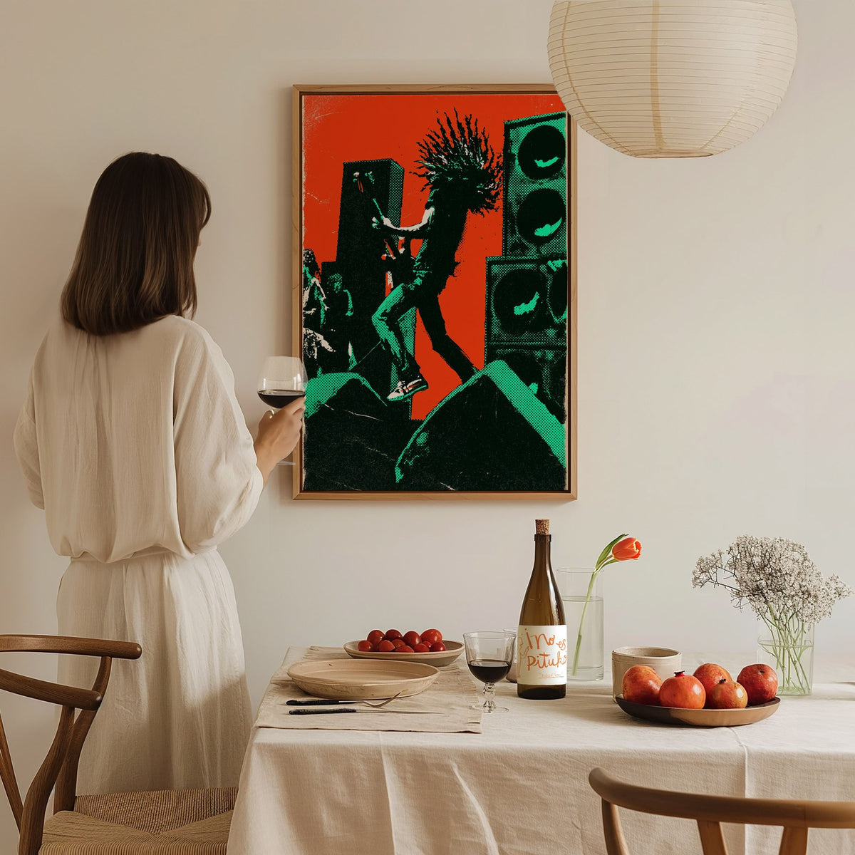 Guitarist Leaves Ground Poster | Orange and Green Screen Print Art Print | Music Lover Wall Art — styled in an interior