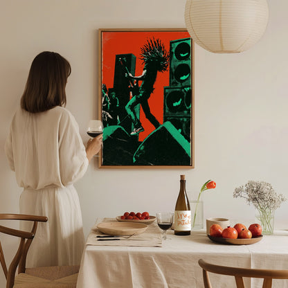 Guitarist Leaves Ground Poster | Orange and Green Screen Print Art Print | Music Lover Wall Art — styled in an interior
