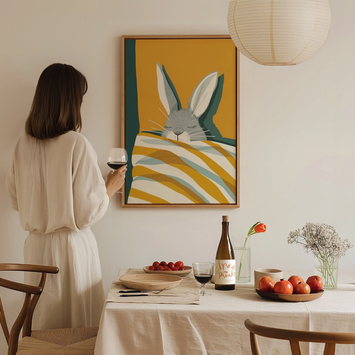 Rabbit Under Quilt Poster | Mustard and Teal Flat Design Art Print | Cottagecore Wall Art — styled in an interior