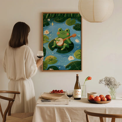 Frog Plays Banjo Poster | Lime and Teal Cute Art Print | Kids Room Wall Art — styled in an interior