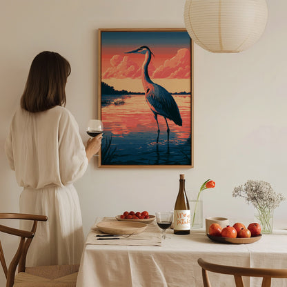 Heron Walks Dusk Poster | Coral and Slate Pixel Art Print | Retro Gaming Wall Art — styled in an interior
