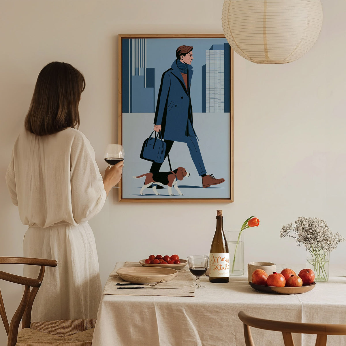 Man Walks Spring Poster | Coral and Pink Illustrative Art Print | Fashion Modern Wall Art — styled in an interior