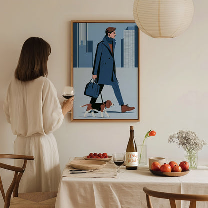 Man Walks Spring Poster | Coral and Pink Illustrative Art Print | Fashion Modern Wall Art — styled in an interior