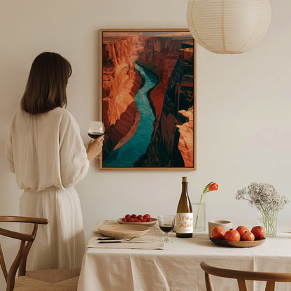 Canyon Holds River Poster | Turquoise and Ochre Low Poly Art Print | Modern Minimalist Wall Art — styled in an interior