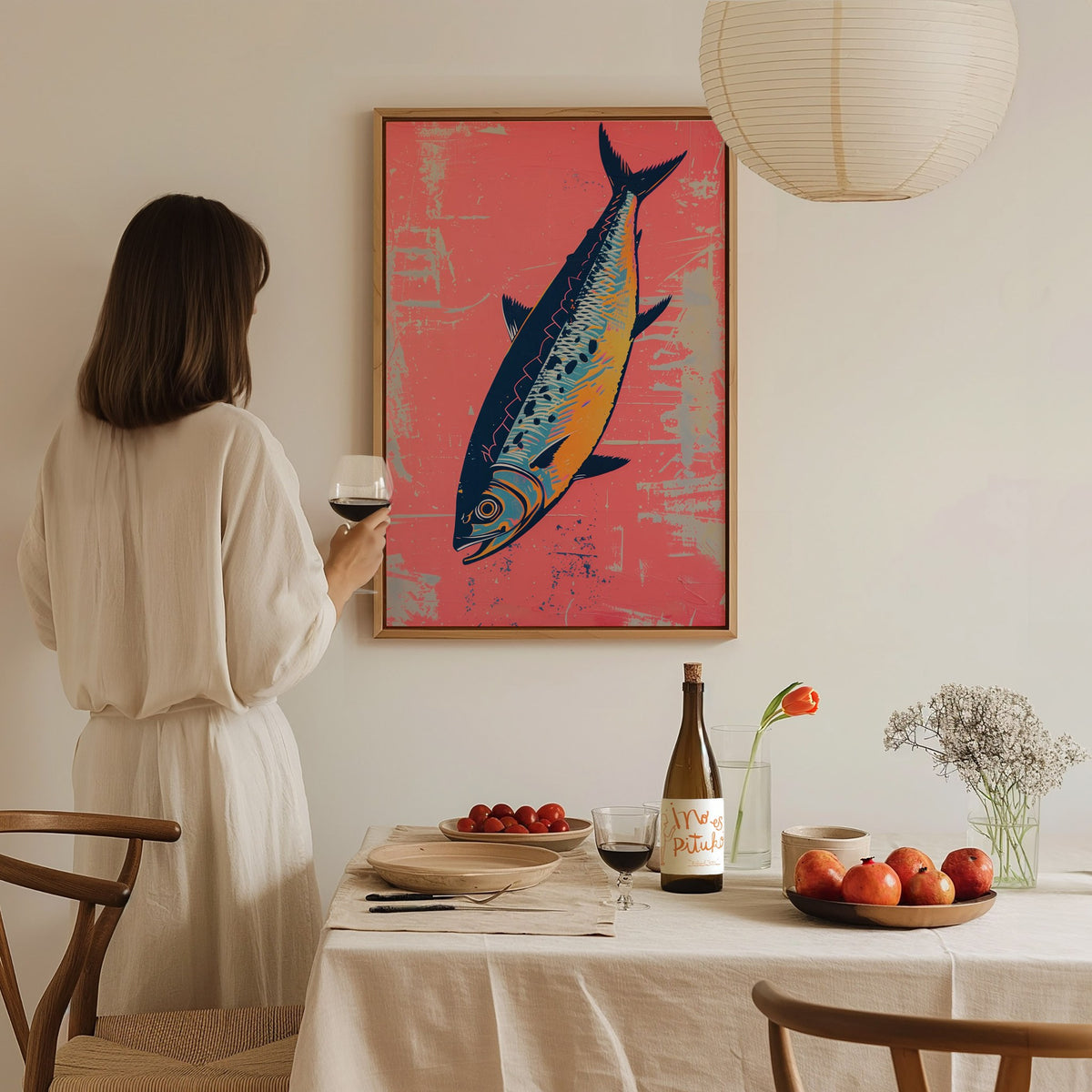 Sardine Tin on Pink Poster | Pink and Cobalt Screen Print Art Print | Kitchen Wall Art — styled in an interior