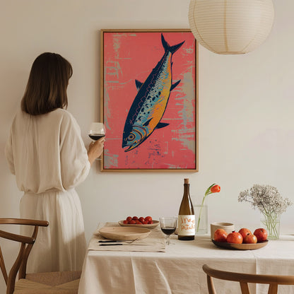 Sardine Tin on Pink Poster | Pink and Cobalt Screen Print Art Print | Kitchen Wall Art — styled in an interior