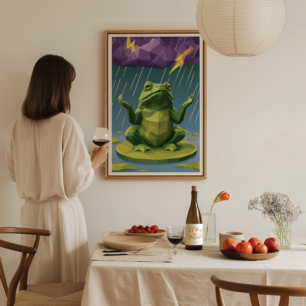 Toad Conducts Rain Poster | Green and Purple Low Poly Art Print | Kids Room Wall Art — styled in an interior