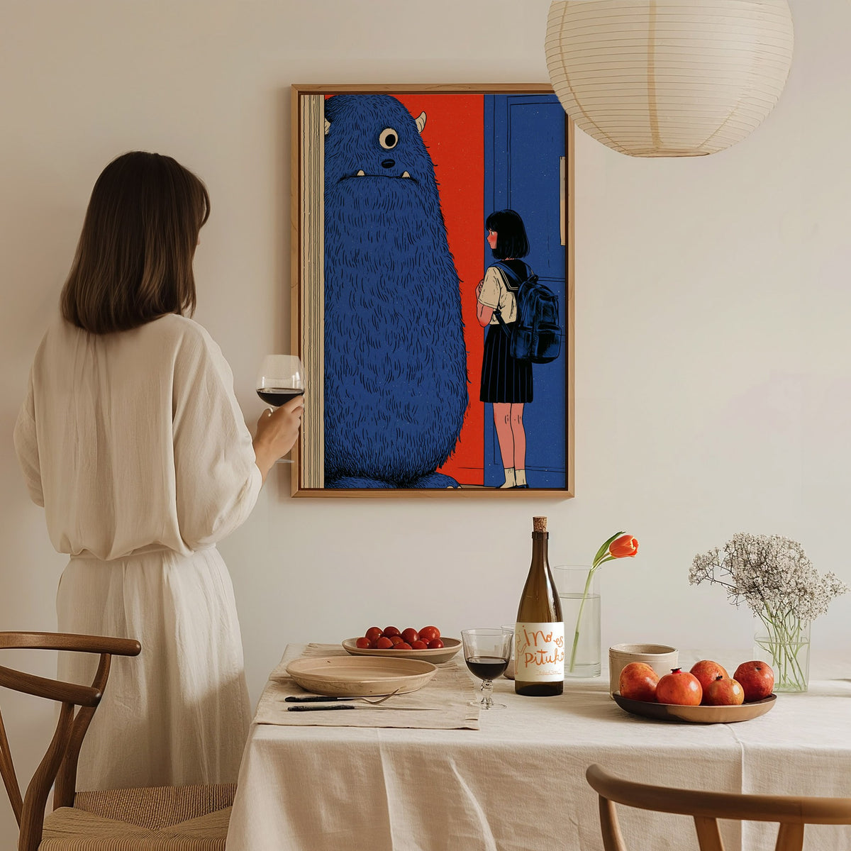 Monster Watches Class Poster | Blue and Orange Illustrative Art Print | Kids Room Wall Art — styled in an interior
