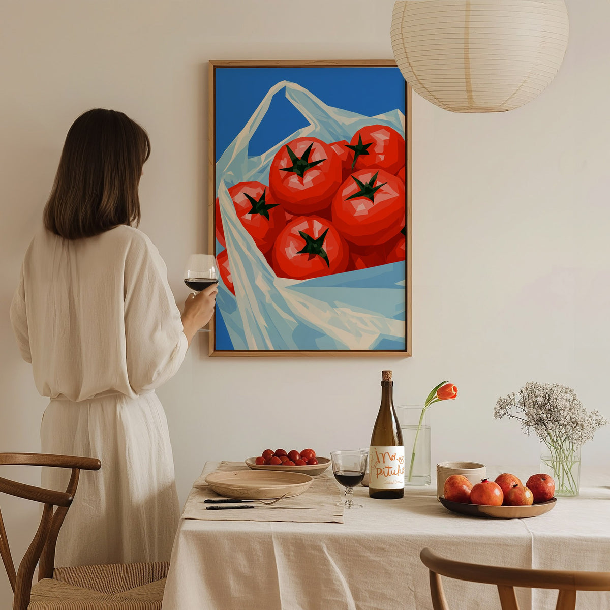 Tomatoes Coming Home Poster | Cobalt and Red Low Poly Art Print | Kitchen Wall Art — styled in an interior