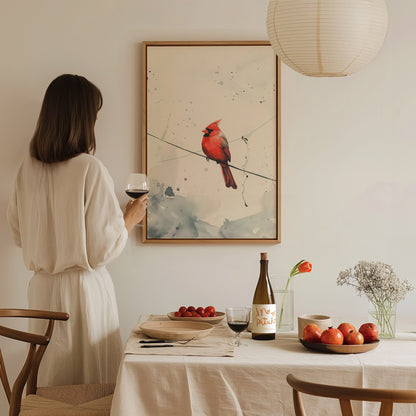 Cardinal on Wire Poster | Crimson and Grey Japanese Watercolor Art Print | Minimalist Wall Art — styled in an interior