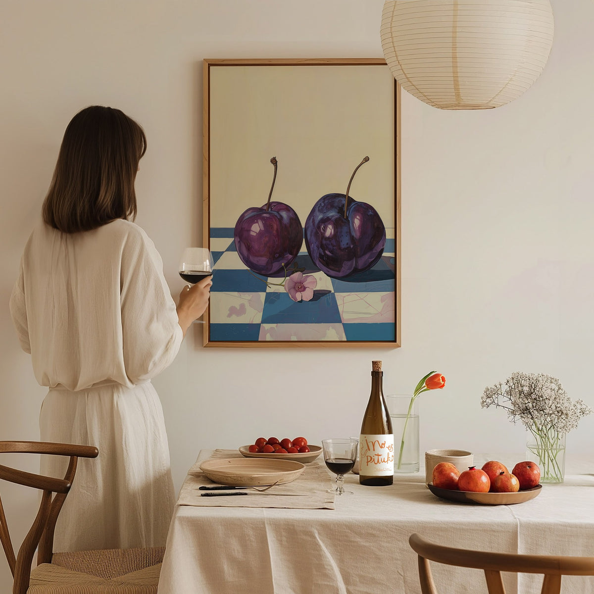 plums-on-checkerboard Poster | Purple and Cream Illustrative Art Print | Kitchen Wall Art — styled in an interior