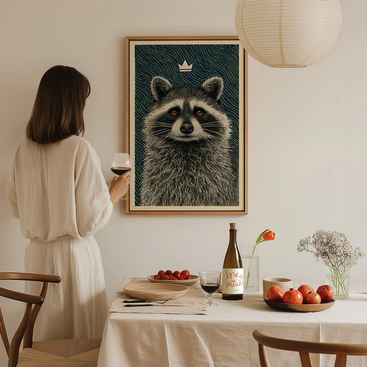 Raccoon Rules Stars Poster | Navy and Green Pen and Ink Art Print | Dark Academia Wall Art — styled in an interior