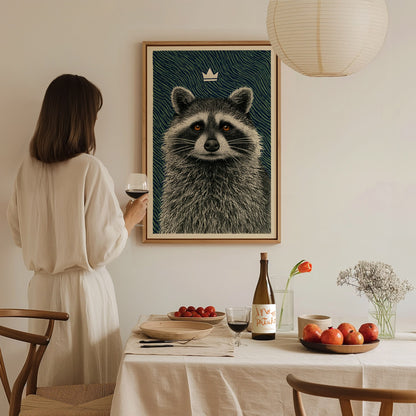 Raccoon Rules Stars Poster | Navy and Green Pen and Ink Art Print | Dark Academia Wall Art — styled in an interior