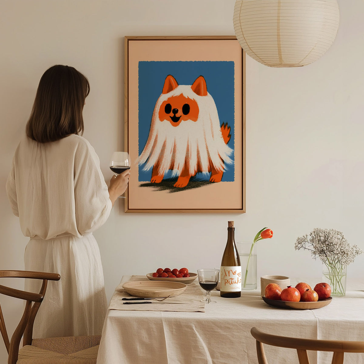 Ghost Dog Poster | Orange and Cobalt Illustrative Art Print | Kids Room Wall Art — styled in an interior