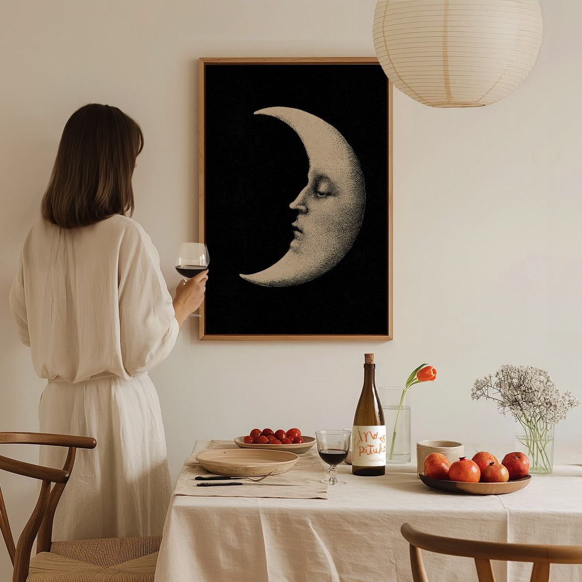Manuscript Moon Poster | Black and Cream Pen and Ink Art Print | Dark Academia Wall Art — styled in an interior