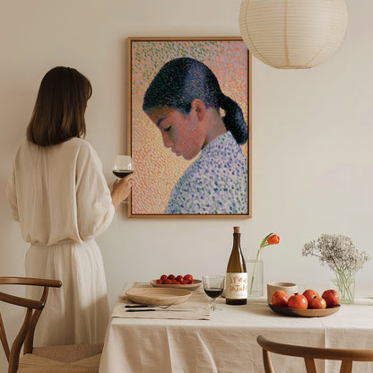 Girl in Ponytail Poster | Coral and Purple Oil Painting Art Print | Contemporary Portrait Wall Art — styled in an interior
