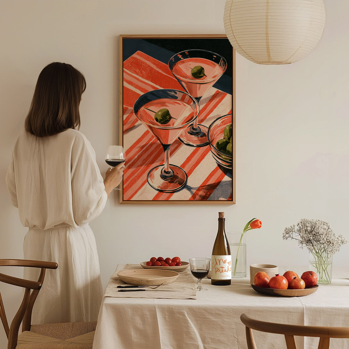 Striped Martini Still Life Poster | Red and Pink Illustrative Art Print | Kitchen Wall Art — styled in an interior