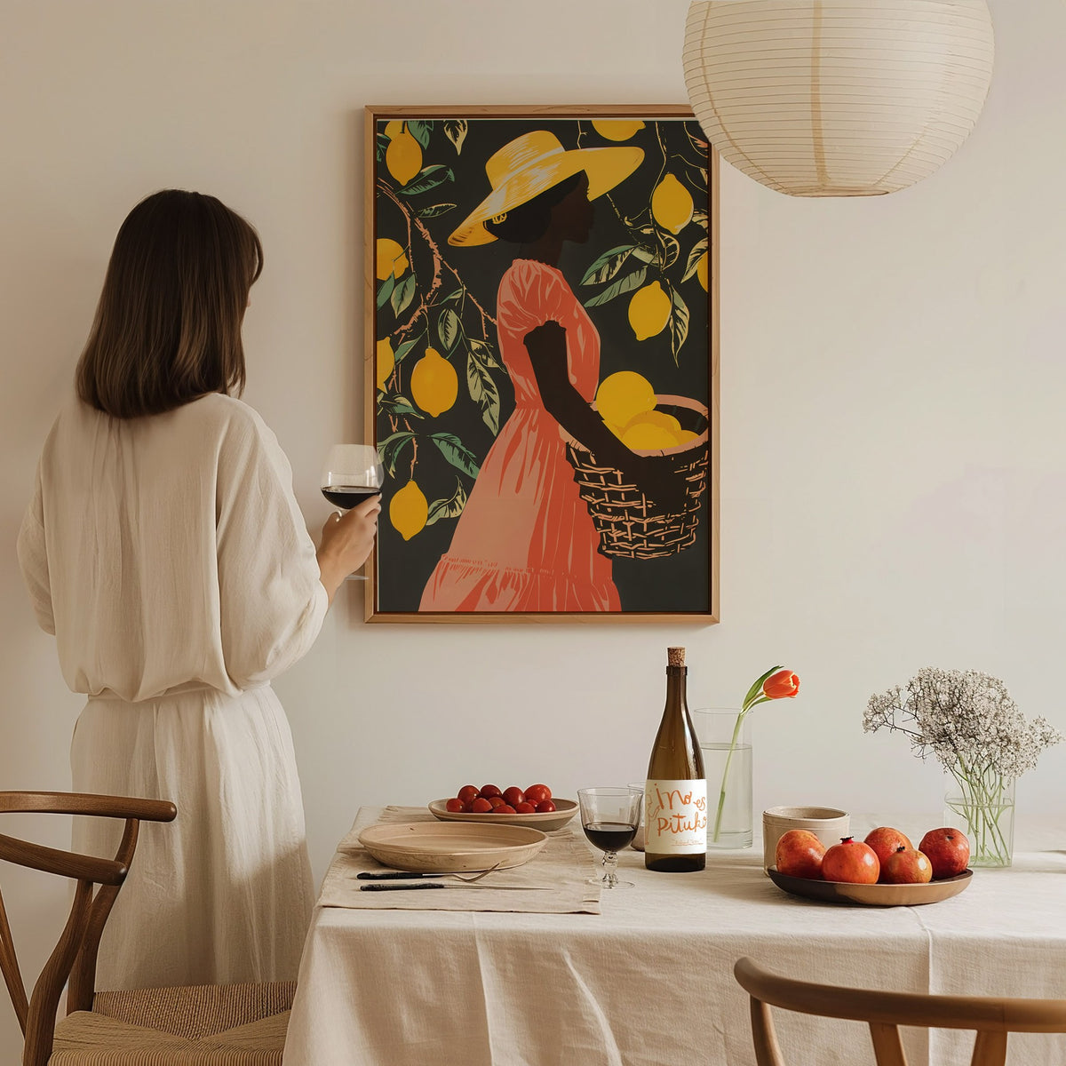 Woman Carries Lemons Poster | Yellow and Coral Screen Print Art Print | Kitchen Wall Art — styled in an interior