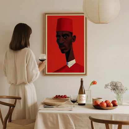 Man Wears Fez Poster | Red and Teal Illustrative Art Print | Retro Portrait Wall Art — styled in an interior