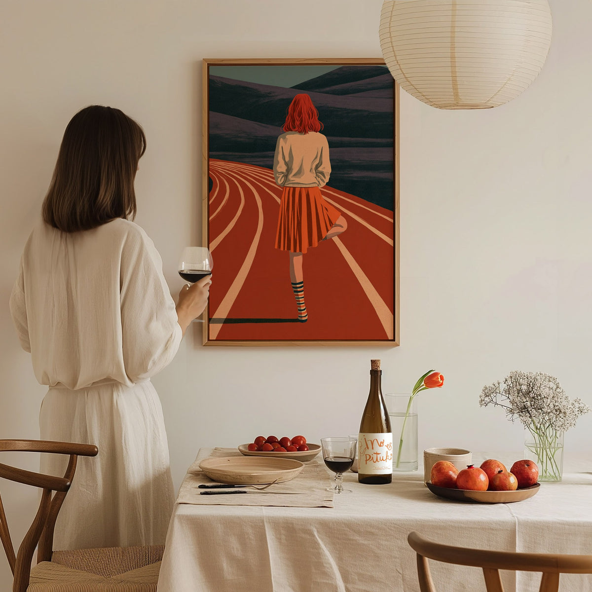 Athlete Reaches Skyward Poster | Rust and Orange Illustrative Art Print | Athletes Wall Art — styled in an interior