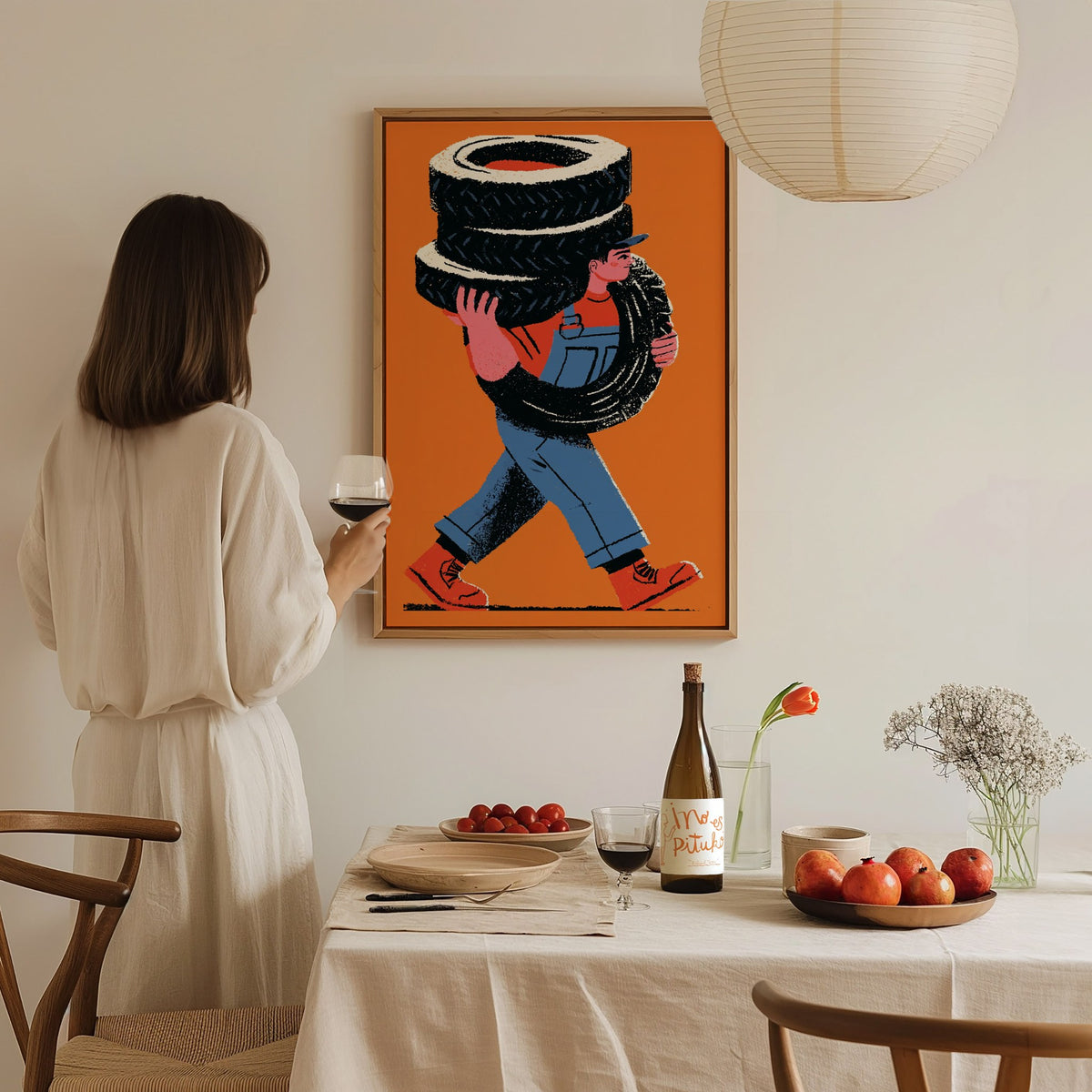 Mechanic Carries Tires Poster | Orange and Blue Illustrative Art Print | Workshop Wall Art — styled in an interior