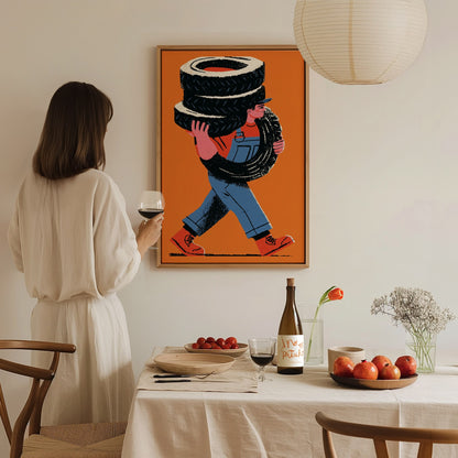 Mechanic Carries Tires Poster | Orange and Blue Illustrative Art Print | Workshop Wall Art — styled in an interior