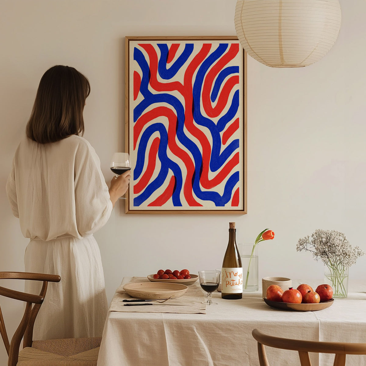 Woven Currents Poster | Coral and Cobalt Abstract Art Print | Modern Coastal Wall Art — styled in an interior