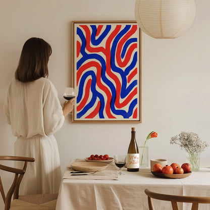 Woven Currents Poster | Coral and Cobalt Abstract Art Print | Modern Coastal Wall Art — styled in an interior