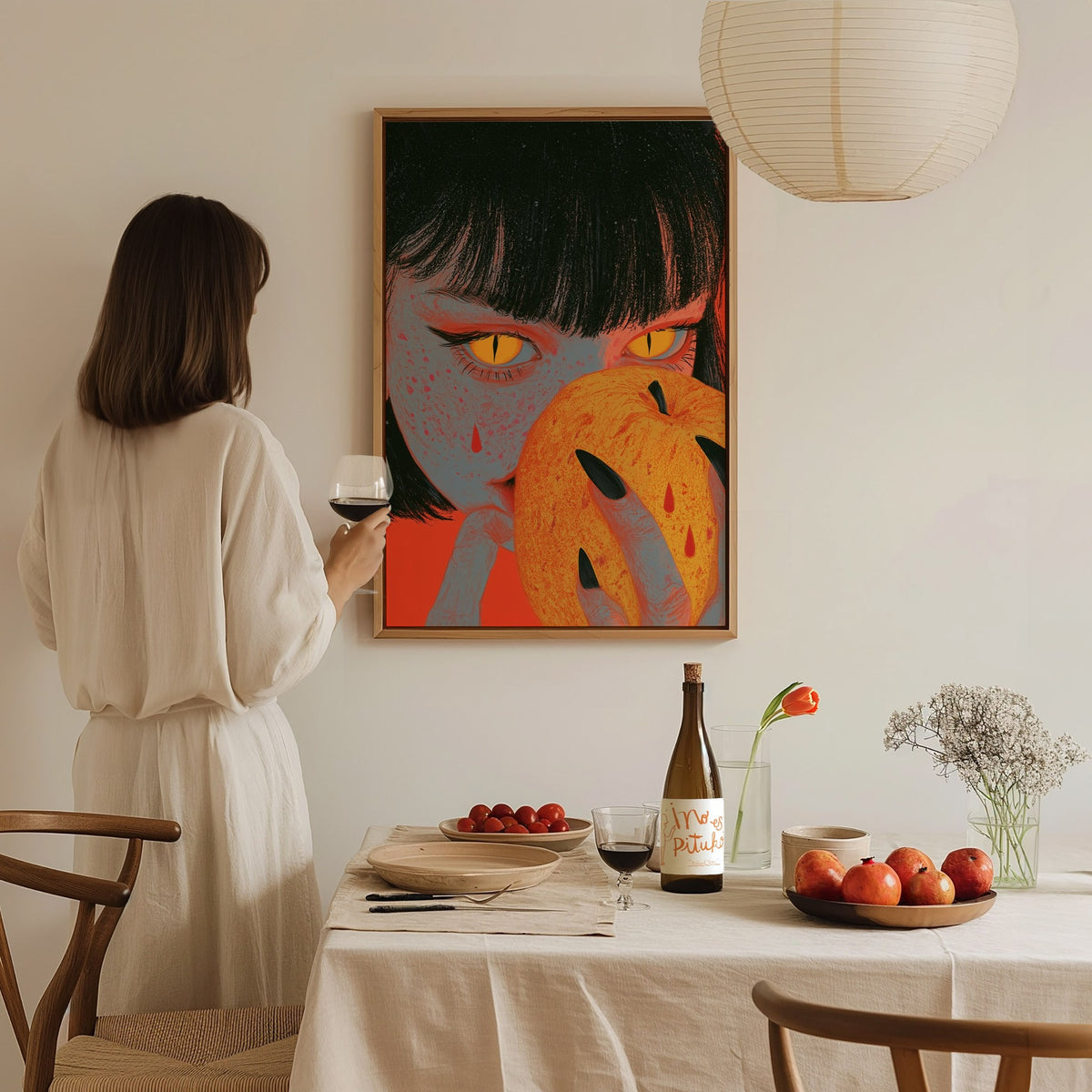Devil Bites Apple Poster | Coral and Yellow Illustrative Art Print | Dark Fantasy Wall Art — styled in an interior