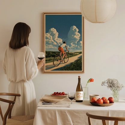 Cyclist Chases Horizon Poster | Blue and Orange Illustrative Art Print | Cycling Wall Art — styled in an interior