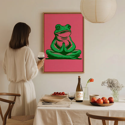 Toad Finds Peace Poster | Green and Pink Illustrative Art Print | Meditation Wall Art — styled in an interior